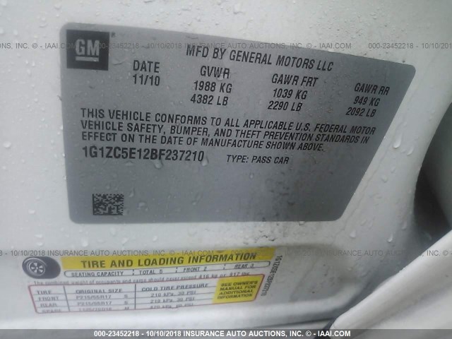 1G1ZC5E12BF237210 - 2011 CHEVROLET MALIBU 1LT WHITE photo 9