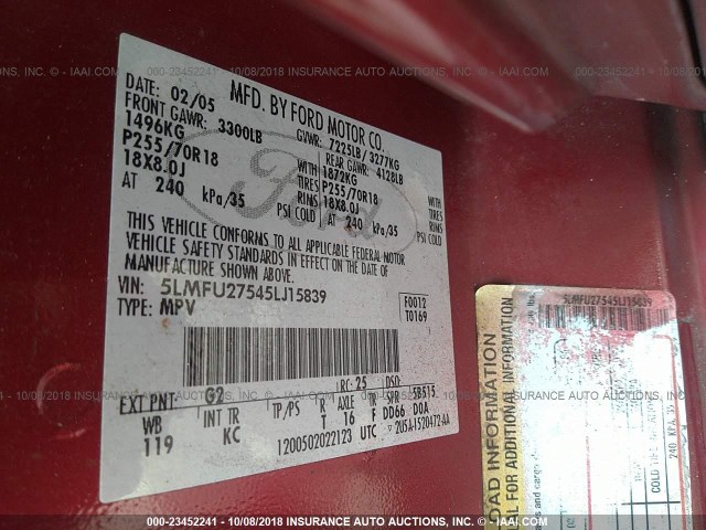 5LMFU27545LJ15839 - 2005 LINCOLN NAVIGATOR Czerwony zdjęcie 9