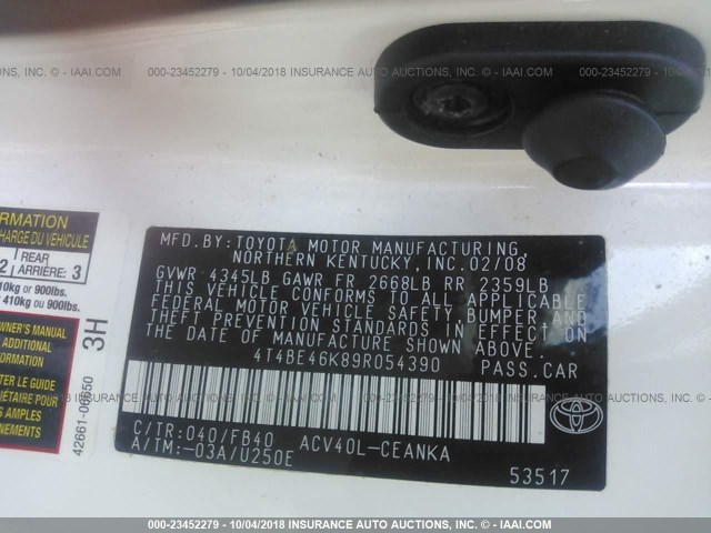 4T4BE46K89R054390 - 2009 TOYOTA CAMRY SE/LE/XLE WHITE photo 9