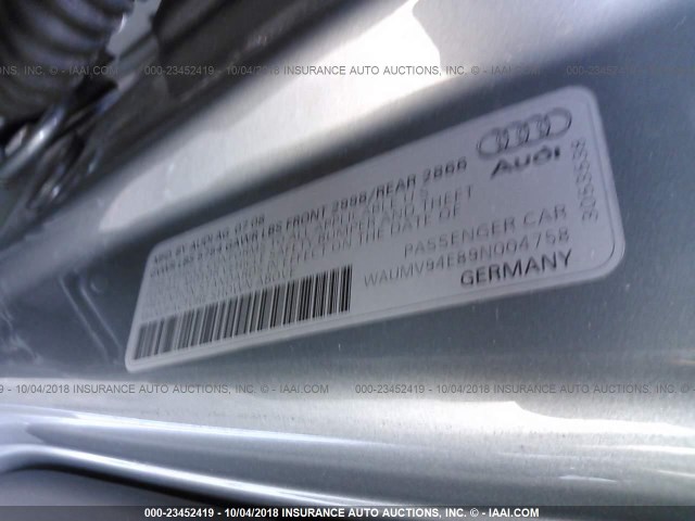 WAUMV94E89N004758 - 2009 AUDI A8 L QUATTRO SILVER photo 9