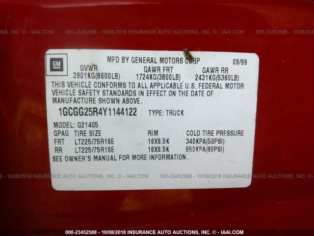 1GCGG25R4Y1144122 - 2000 CHEVROLET EXPRESS G2500  RED photo 9