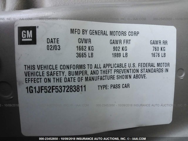 1G1JF52F537283811 - 2003 CHEVROLET CAVALIER LS TAN photo 9