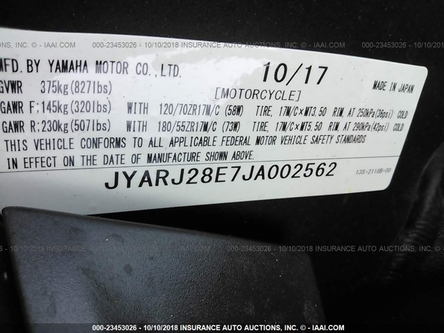 JYARJ28E7JA002562 - 2018 YAMAHA YZFR6 BLUE photo 10