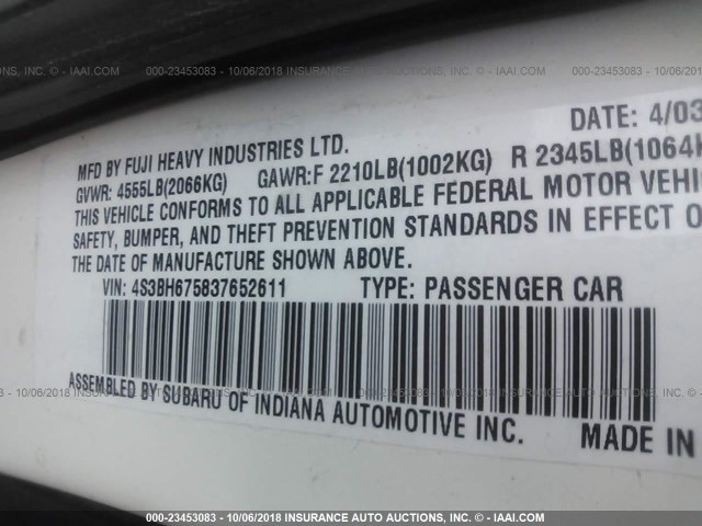 4S3BH675837652611 - 2003 SUBARU LEGACY OUTBACK AWP 白色 照片 9