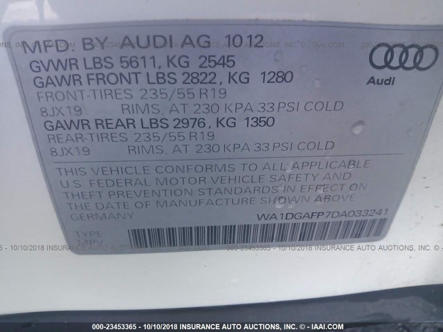 WA1DGAFP7DA033241 - 2013 AUDI Q5 PREMIUM PLUS WHITE photo 9