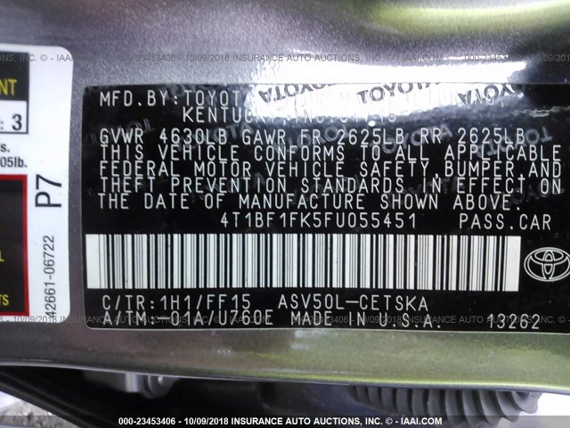 4T1BF1FK5FU055451 - 2015 TOYOTA CAMRY LE/XLE/SE/XSE GRAY photo 9