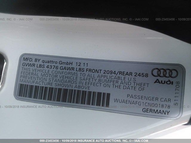 WUAENAFG1CN001878 - 2012 AUDI R8 5.2 QUATTRO WHITE photo 9