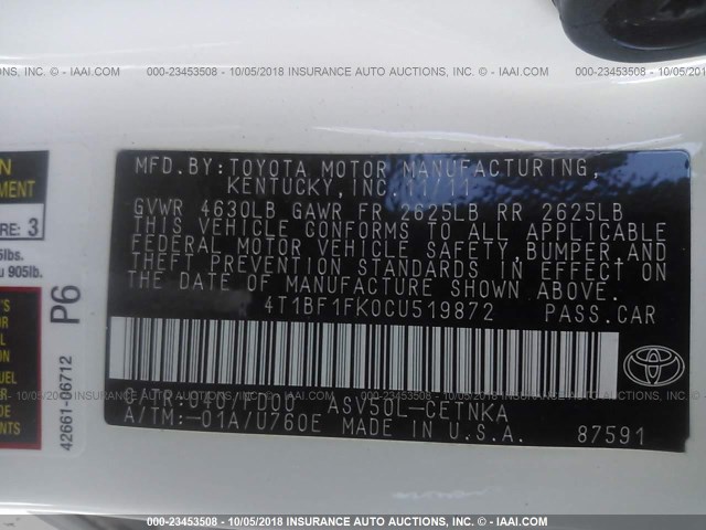 4T1BF1FK0CU519872 - 2012 TOYOTA CAMRY SE/LE/XLE 白色 照片 9