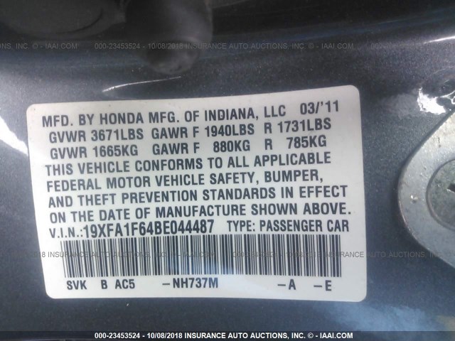 19XFA1F64BE044487 - 2011 HONDA CIVIC LX-S GRAY photo 9