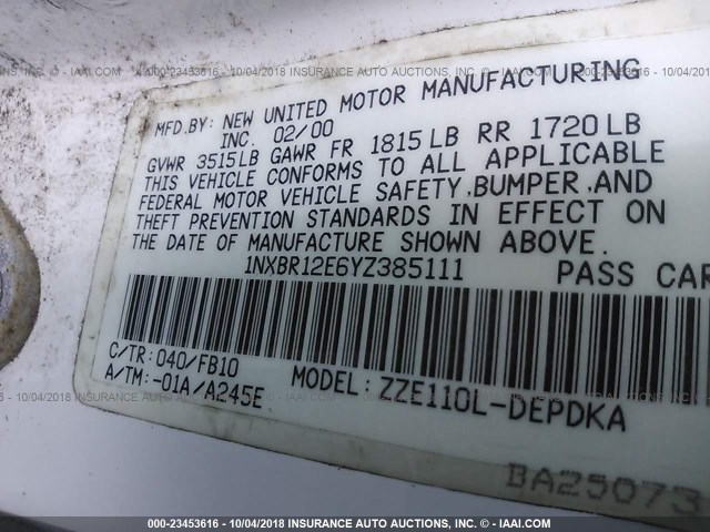 1NXBR12E6YZ385111 - 2000 TOYOTA COROLLA VE/CE/LE 白色 照片 9