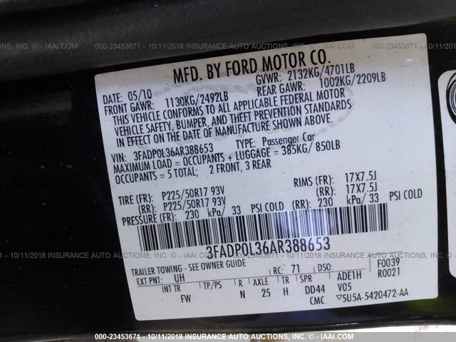 3FADP0L36AR388653 - 2010 FORD FUSION HYBRID BLACK photo 9