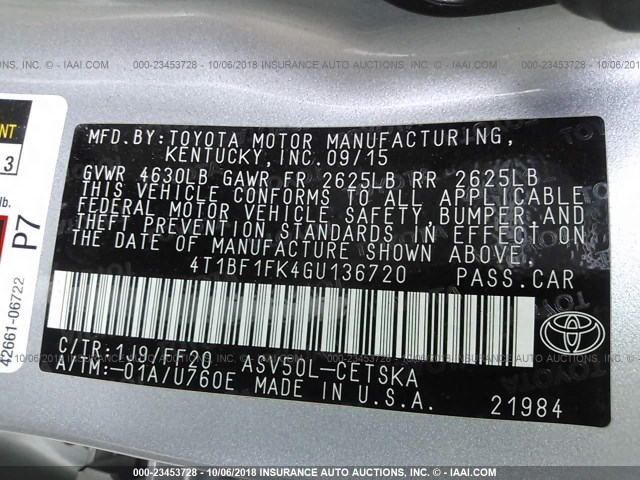 4T1BF1FK4GU136720 - 2016 TOYOTA CAMRY LE/XLE/SE/XSE GRAY photo 9