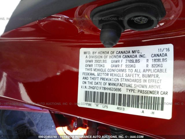 2HGFC1F78HH635696 - 2017 HONDA CIVIC EXL 红色 照片 9