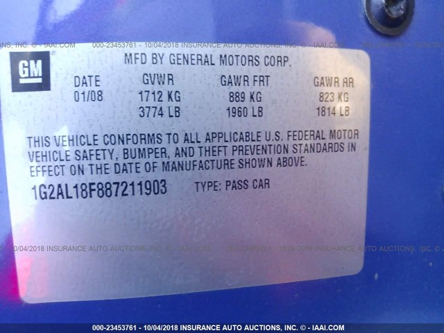 1G2AL18F887211903 - 2008 PONTIAC G5 BLUE photo 9