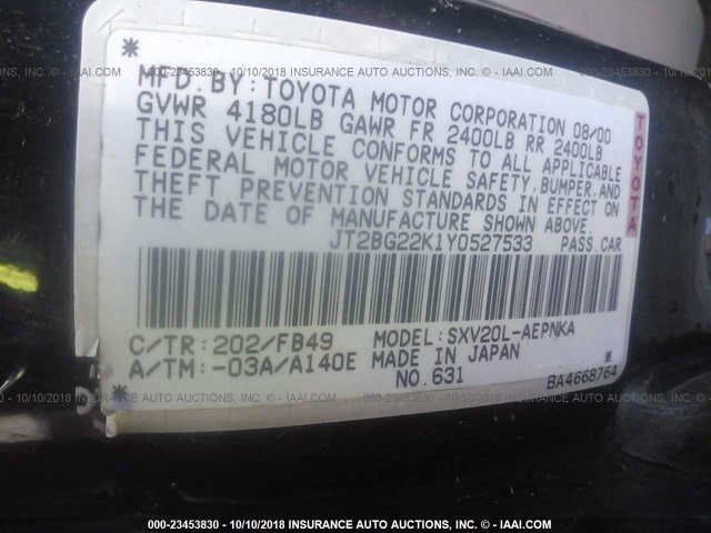 JT2BG22K1Y0527533 - 2000 TOYOTA CAMRY CE/LE/XLE 黑色 照片 9