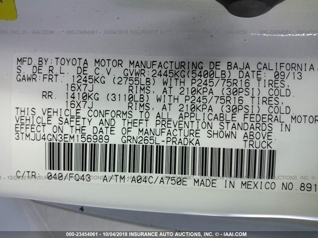 3TMJU4GN3EM156989 - 2014 TOYOTA TACOMA DOUBLE CAB PRERUNNER WHITE photo 9