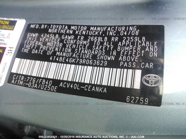 4T4BE46K79R063629 - 2009 TOYOTA CAMRY SE/LE/XLE GREEN photo 9