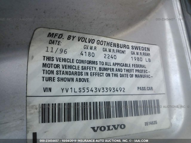 YV1LS5543V3393492 - 1997 VOLVO 850 SILVER photo 9