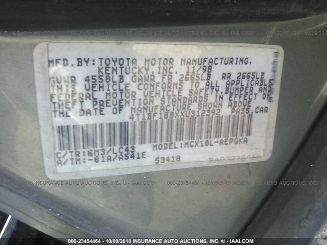 4T1BF18BXXU312392 - 1999 TOYOTA AVALON XL/XLS TEAL photo 9