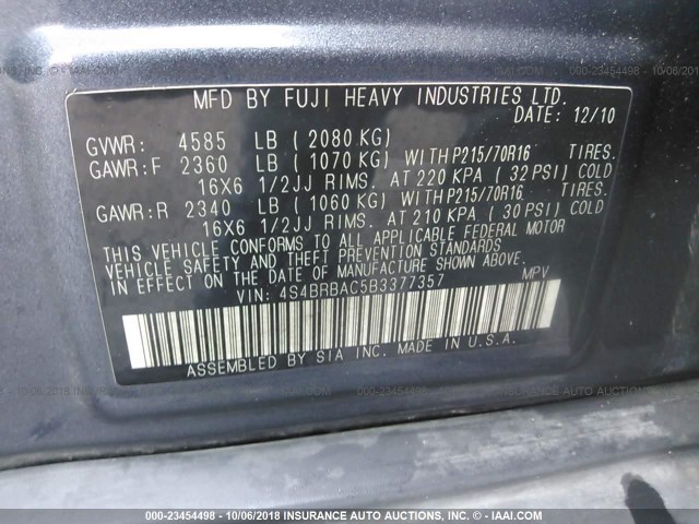 4S4BRBAC5B3377357 - 2011 SUBARU OUTBACK 2.5I GRAY photo 9