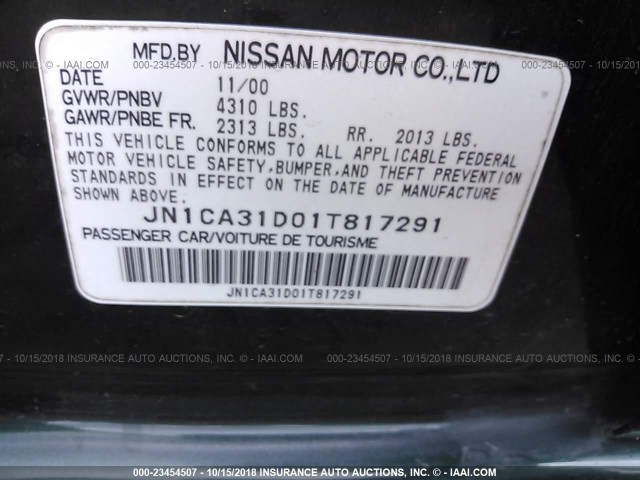 JN1CA31D01T817291 - 2001 NISSAN MAXIMA GXE/SE/GLE/20TH ANNIV GREEN photo 9