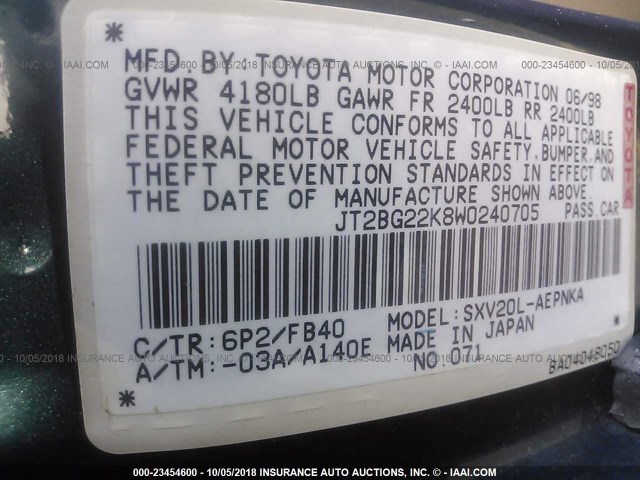 JT2BG22K8W0240705 - 1998 TOYOTA CAMRY CE/LE/XLE 深蓝色 照片 9