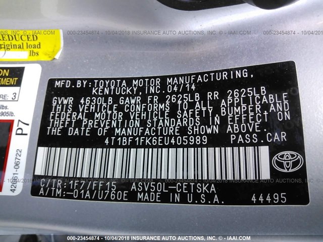 4T1BF1FK6EU405989 - 2014 TOYOTA CAMRY L/SE/LE/XLE SILVER photo 9