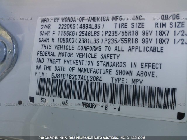 5J8TB18207A002064 - 2007 ACURA RDX 白色 照片 9
