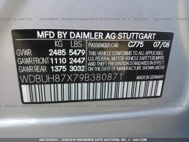 WDBUH87X79B380871 - 2009 MERCEDES-BENZ E 350 4MATIC SILVER photo 9