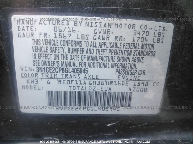 3N1CE2CP6GL405945 - 2016 NISSAN VERSA NOTE S/S PLUS/SV/SL/SR BLACK photo 9