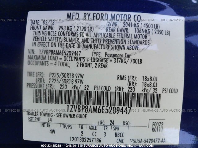 1ZVBP8AM6E5209447 - 2014 FORD MUSTANG BLUE photo 9