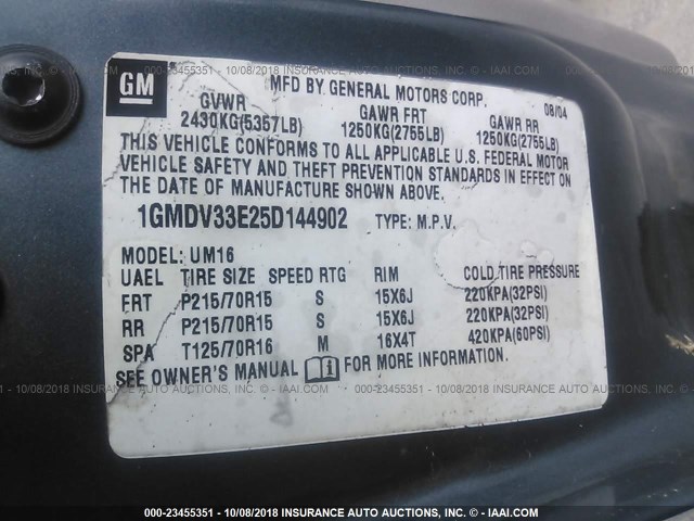 1GMDV33E25D144902 - 2005 PONTIAC MONTANA LUXURY GRAY photo 9