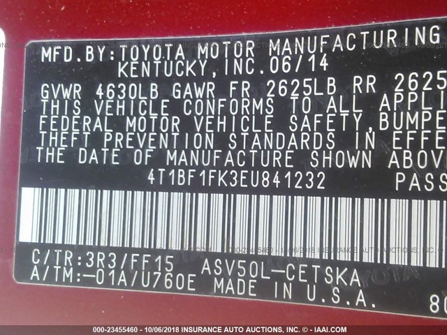 4T1BF1FK3EU841232 - 2014 TOYOTA CAMRY L/SE/LE/XLE RED photo 9