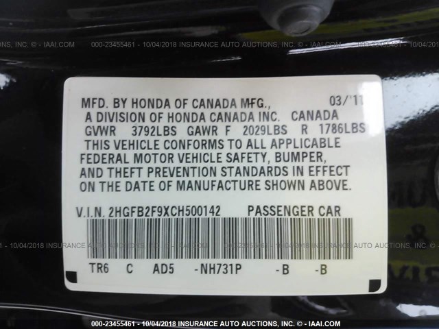2HGFB2F9XCH500142 - 2012 HONDA CIVIC EXL 黑色 照片 9