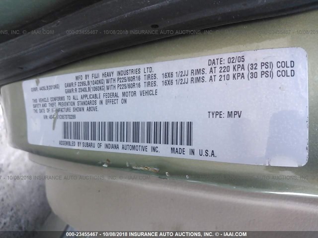 4S4BP61C957370289 - 2005 SUBARU LEGACY OUTBACK 2.5I GREEN photo 9