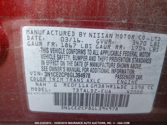 3N1CE2CP8GL394978 - 2016 NISSAN VERSA NOTE S/S PLUS/SV/SL/SR RED photo 9