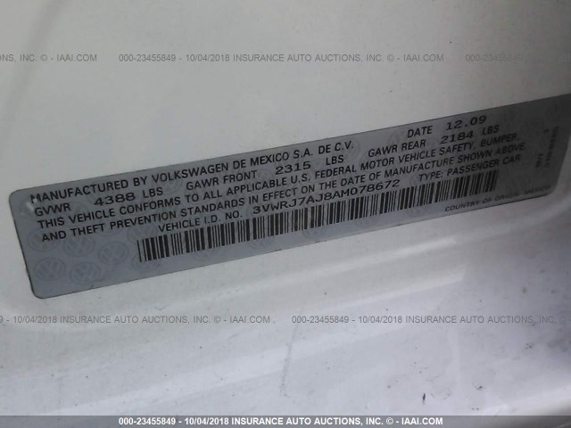 3VWRJ7AJ8AM078672 - 2010 VOLKSWAGEN JETTA WOLFSBURG 白色 照片 9