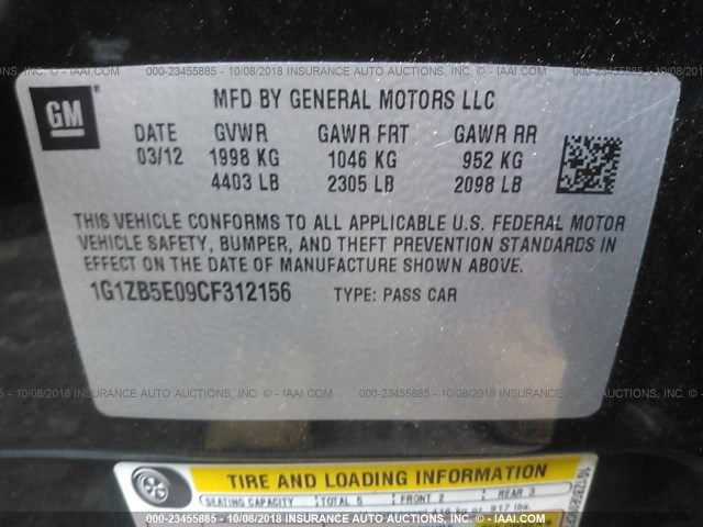 1G1ZB5E09CF312156 - 2012 CHEVROLET MALIBU LS 黑色 照片 9