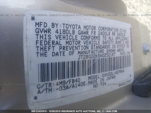 JT2BG22K6W0252187 - 1998 TOYOTA CAMRY CE/LE/XLE 棕色 照片 9