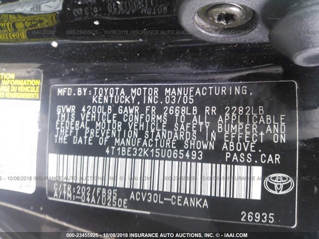 4T1BE32K15U065493 - 2005 TOYOTA CAMRY LE/XLE/SE Қара фото 9