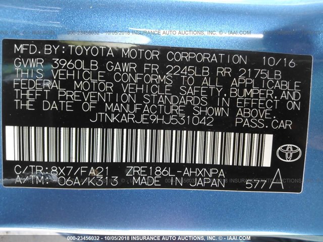 JTNKARJE9HJ531042 - 2017 TOYOTA COROLLA IM BLUE photo 9