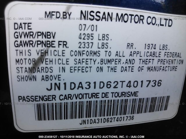 JN1DA31D62T401736 - 2002 NISSAN MAXIMA GLE/GXE/SE BLUE photo 9