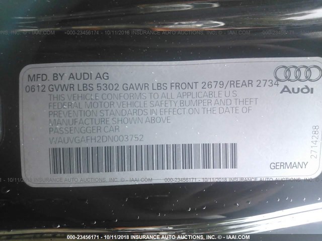 WAUVGAFH2DN003752 - 2013 AUDI S5 PRESTIGE BLACK photo 9