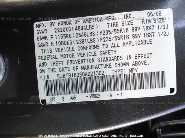 5J8TB18268A021302 - 2008 ACURA RDX GRAY photo 9