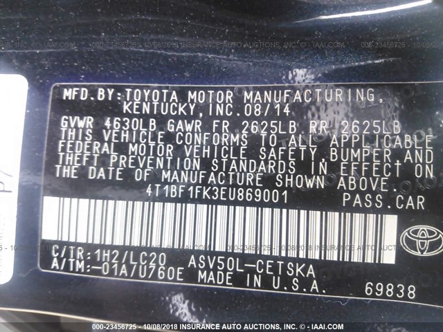 4T1BF1FK3EU869001 - 2014 TOYOTA CAMRY L/SE/LE/XLE 灰色 照片 9