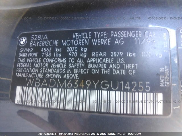 WBADM6349YGU14255 - 2000 BMW 528 I AUTOMATIC GRAY photo 9