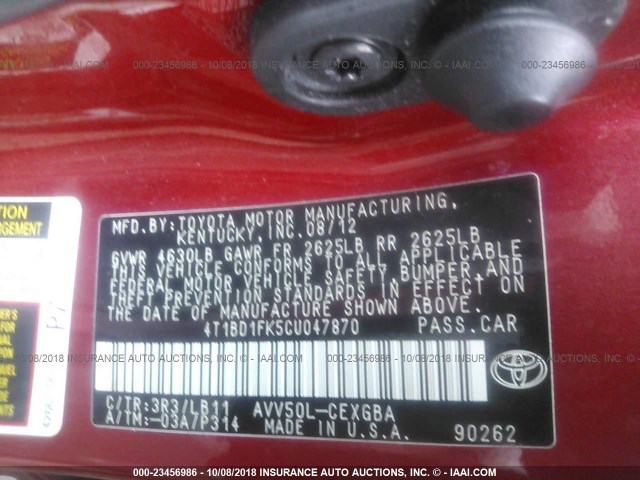 4T1BD1FK5CU047870 - 2012 TOYOTA CAMRY HYBRID/LE/XLE 红色 照片 9