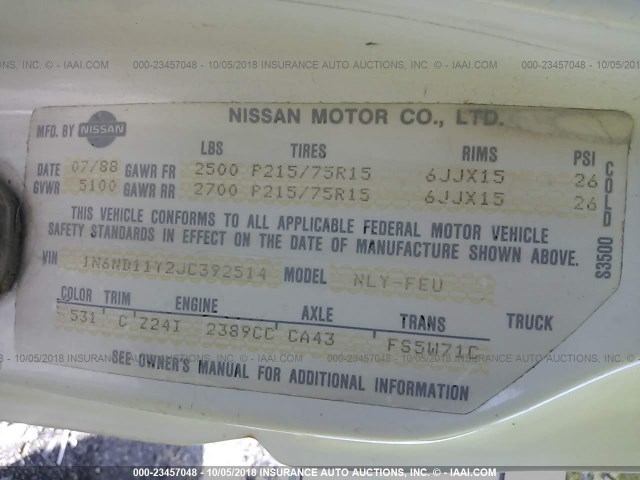 1N6ND11Y2JC392514 - 1988 NISSAN D21 SHORT BED WHITE photo 9