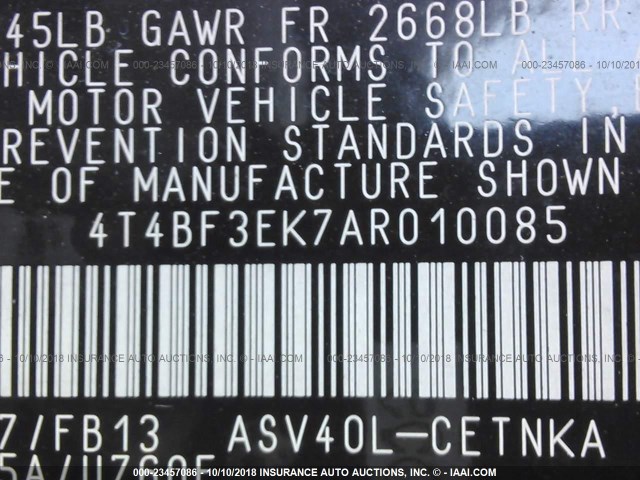 4T4BF3EK7AR010085 - 2010 TOYOTA CAMRY SE/LE/XLE 银色 照片 9