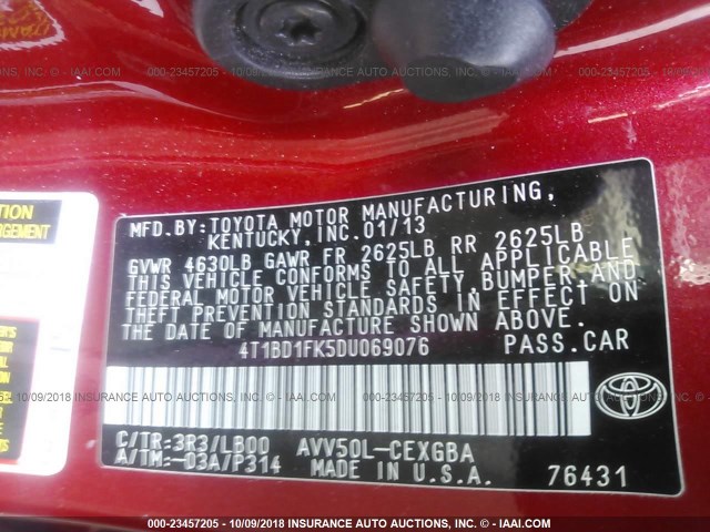 4T1BD1FK5DU069076 - 2013 TOYOTA CAMRY HYBRID/LE/XLE 红色 照片 9